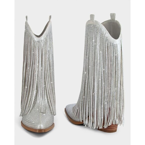 Women Cowgirl Silver Rhinestone Sparkly Fringe Chunky Pointed Toe Ankle Boots - Picture 7 of 7